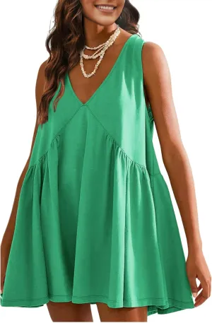 OPCAKM Women's V Neck Sleeveless Mini Dress Loose Summer Pleated Swing Flowy Sundress