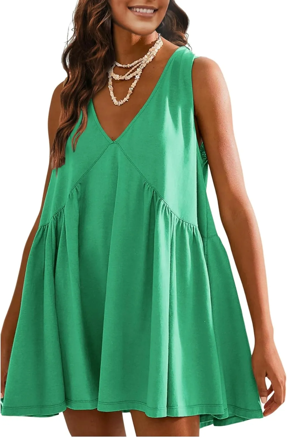 OPCAKM Women's V Neck Sleeveless Mini Dress Loose Summer Pleated Swing Flowy Sundress