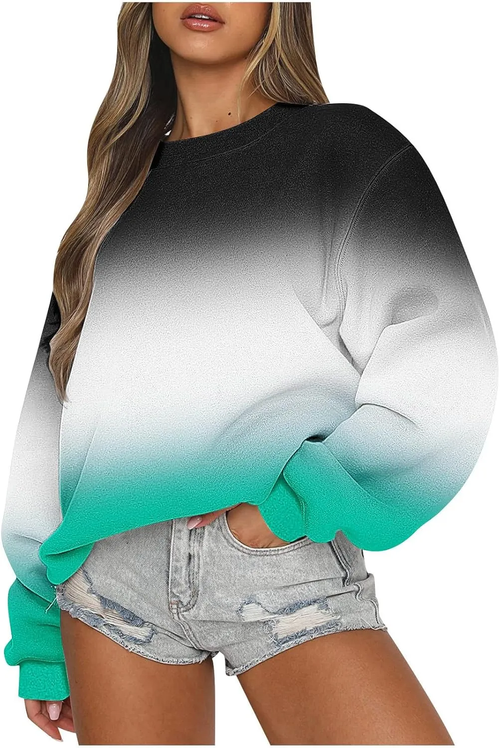 Oversized Long Sleeve Sweatshirts for Women Drop Shoulder Gradient Color Crewneck Pullover Tops Fall Fashion Clothes