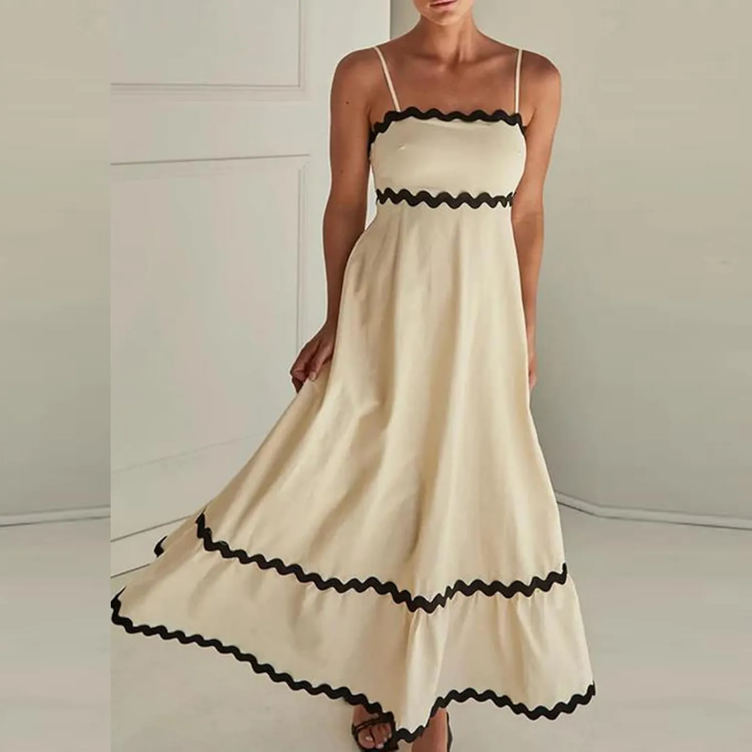 Owl's-Yard Women Summer Spaghetti Straps Dresses 2024 Sleeveless Rickrack Trim Maxi Dress Boho Flowy A-line Beach Sundress