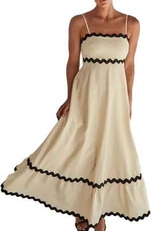 Owl's-Yard Women Summer Spaghetti Straps Dresses 2024 Sleeveless Rickrack Trim Maxi Dress Boho Flowy A-line Beach Sundress