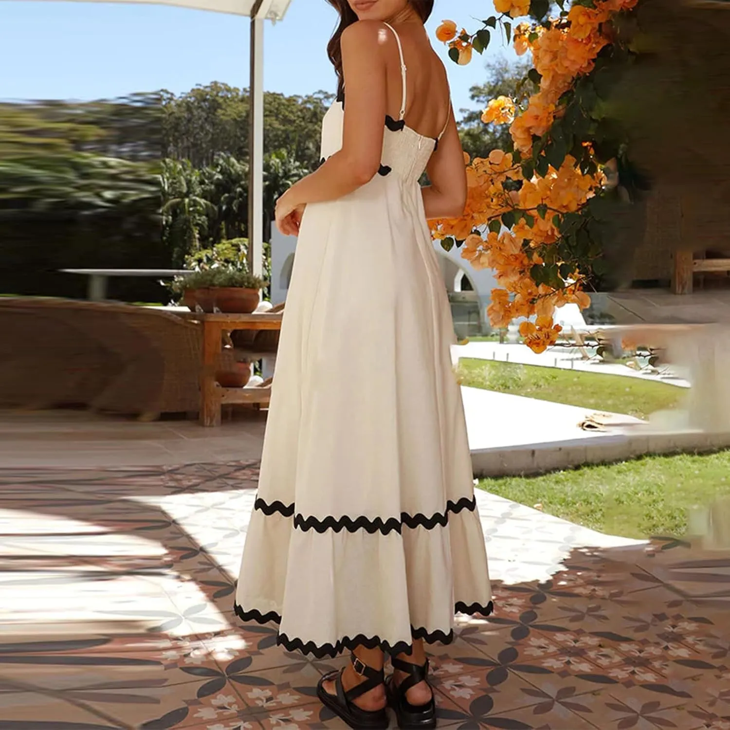 Owl's-Yard Women Summer Spaghetti Straps Dresses 2024 Sleeveless Rickrack Trim Maxi Dress Boho Flowy A-line Beach Sundress