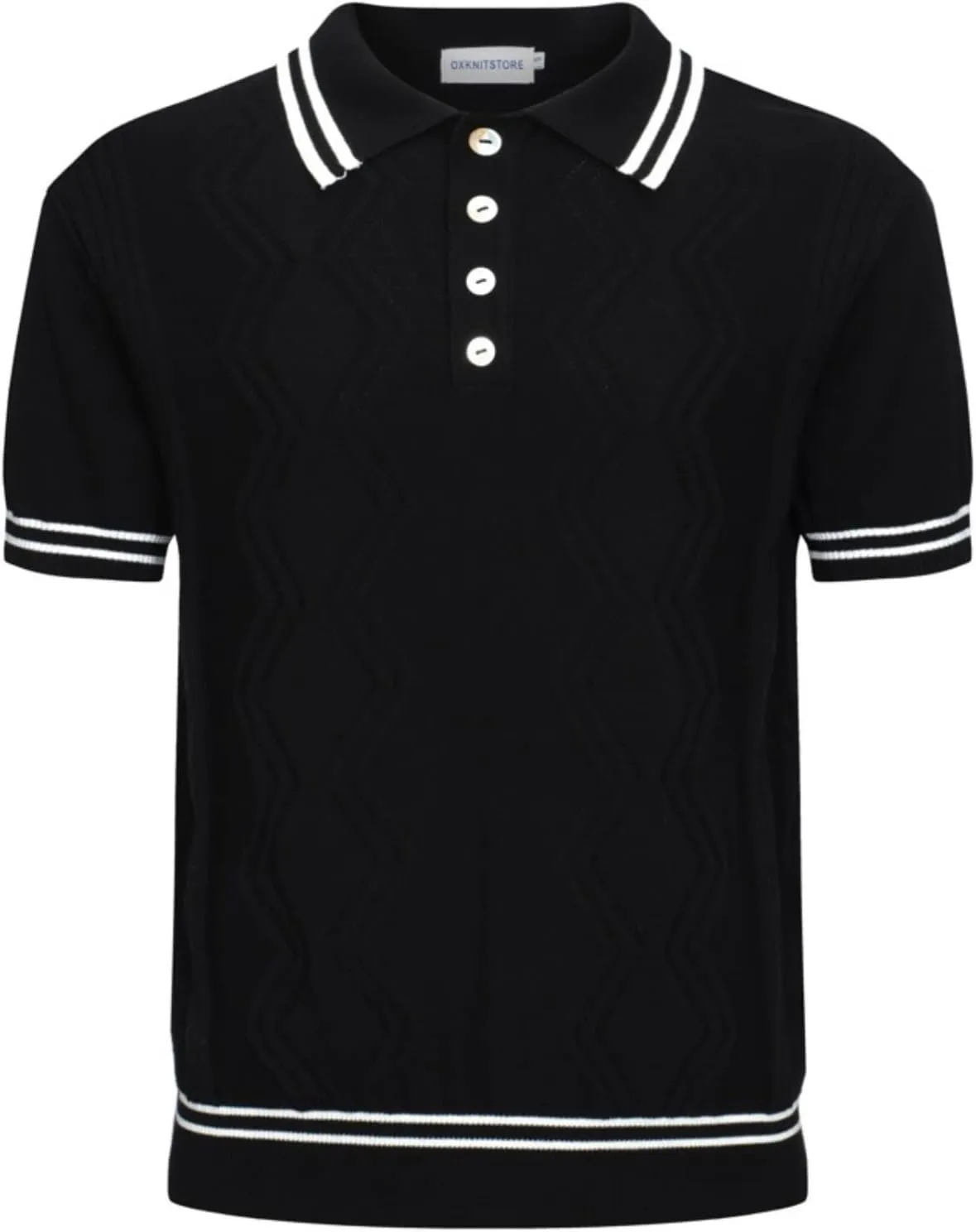 OXKNIT Mens Knitted Vintage Polo Shirt, 1960s Mod Style Retro Polo Textures Shirt with Double Line Neck