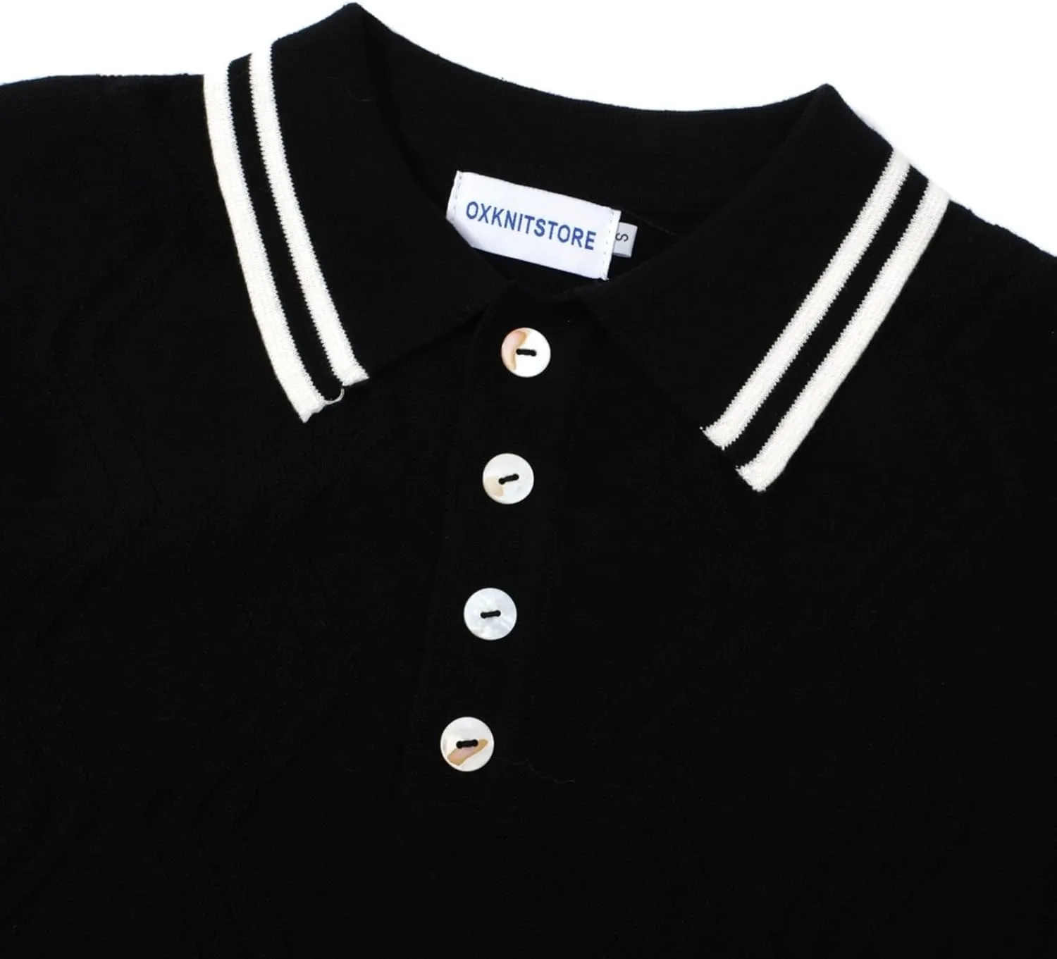OXKNIT Mens Knitted Vintage Polo Shirt, 1960s Mod Style Retro Polo Textures Shirt with Double Line Neck