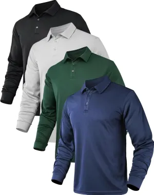OYGSieg 4 Pack Men's Long Sleeve Polo Shirt Performance Quick Dry Collared Work Golf Hiking Casual Shirt