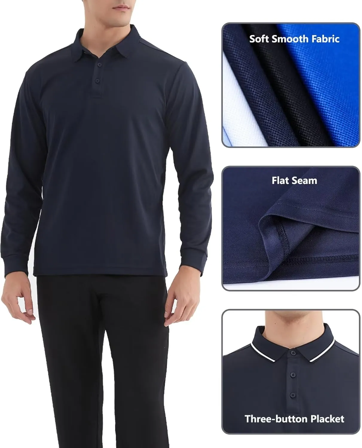 OYGSieg 4 Pack Men's Long Sleeve Polo Shirt Performance Quick Dry Collared Work Golf Hiking Casual Shirt