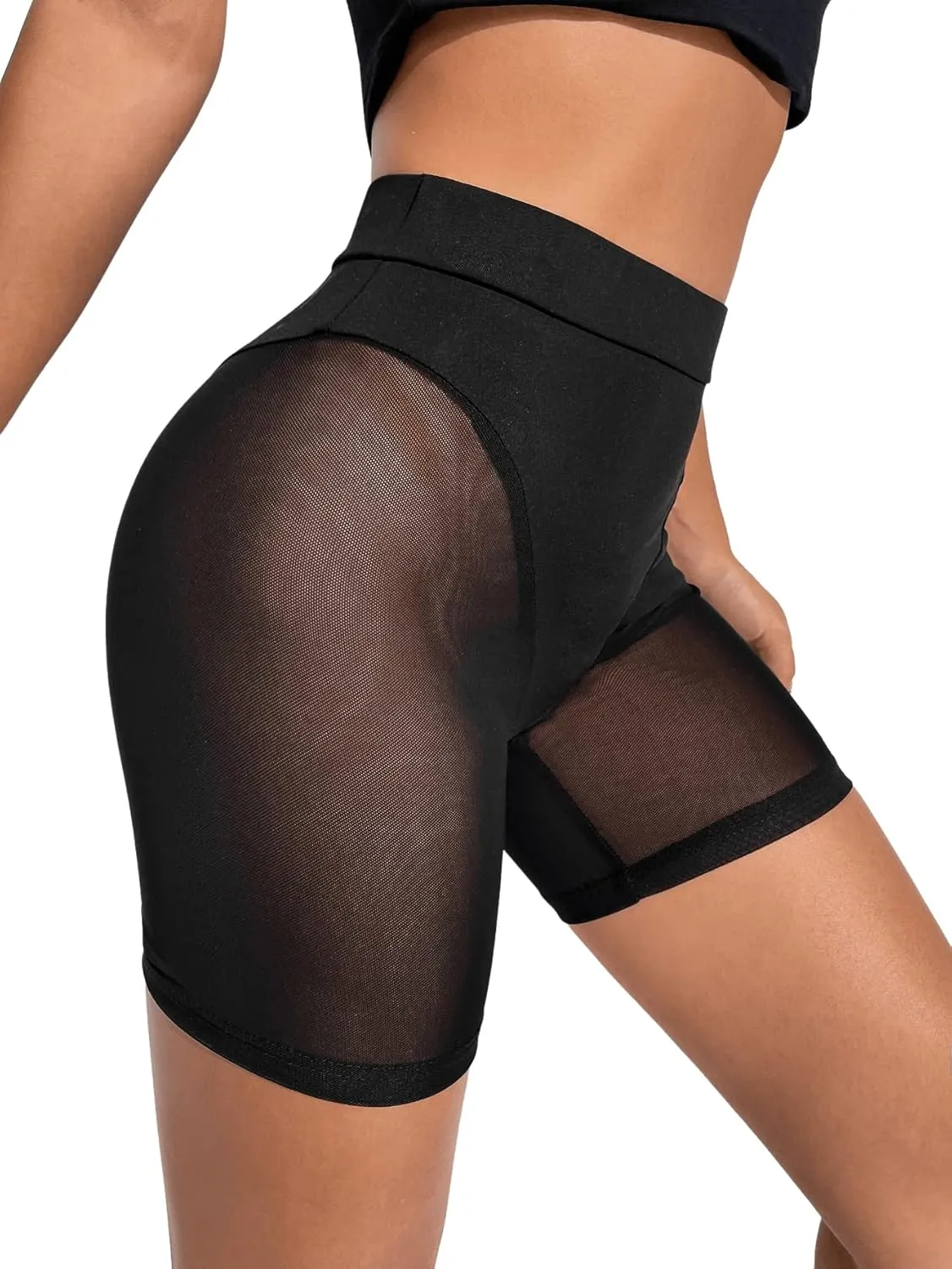 OYOANGLE Women's Sheer Mesh High Waist Biker Shorts Skinny Short Leggings Slip Shorts