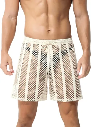 Panegy Men's Fishnet Legging Pants & Shorts Mesh Drawstring Loose Lounge Pants Swim Shorts