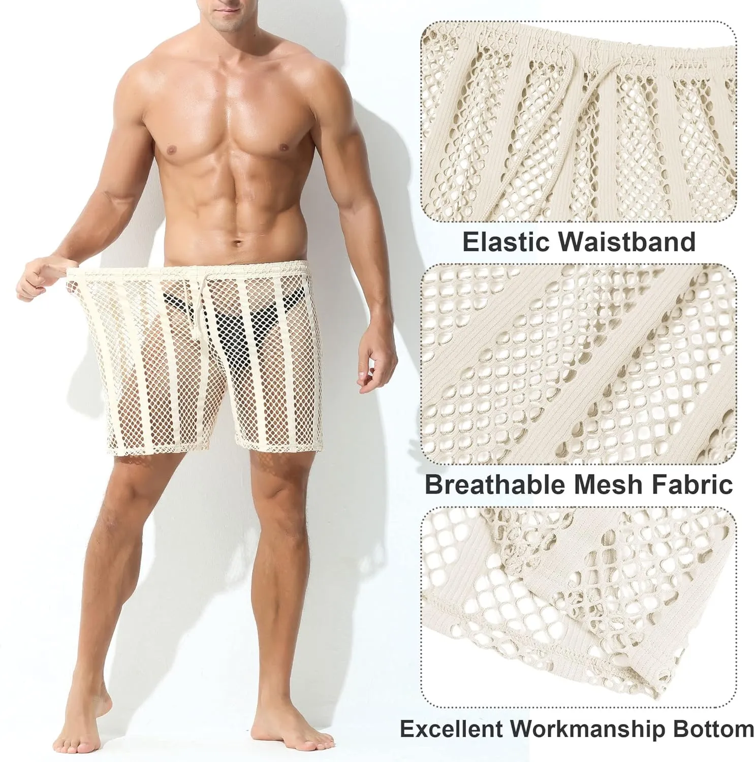Panegy Men's Fishnet Legging Pants & Shorts Mesh Drawstring Loose Lounge Pants Swim Shorts