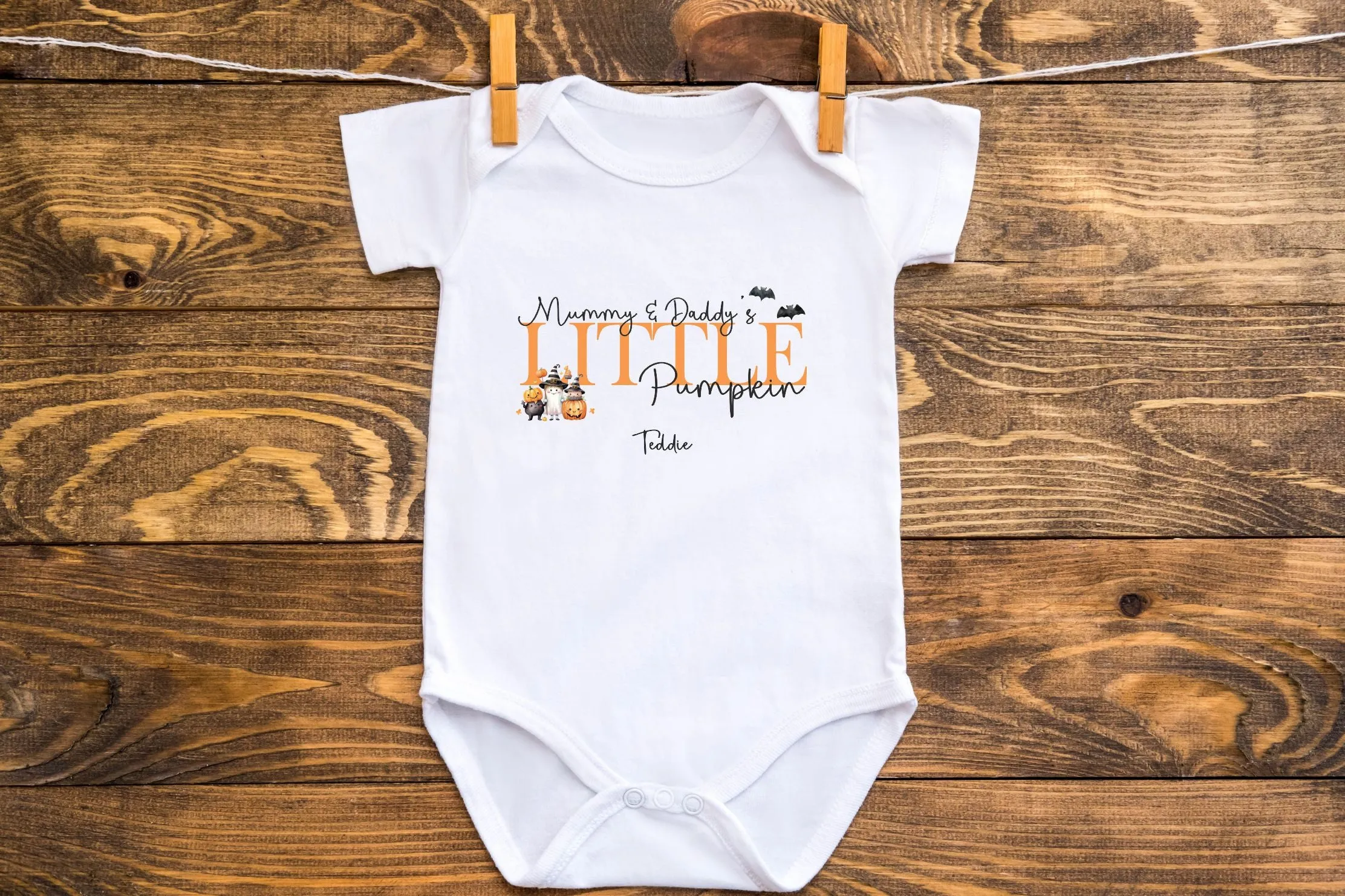 Personalised Mummy &amp; Daddy's Little Pumpkin Baby Outfit, Baby Halloween Costume Gift Personalised First Halloween Sleepsuit or Vest