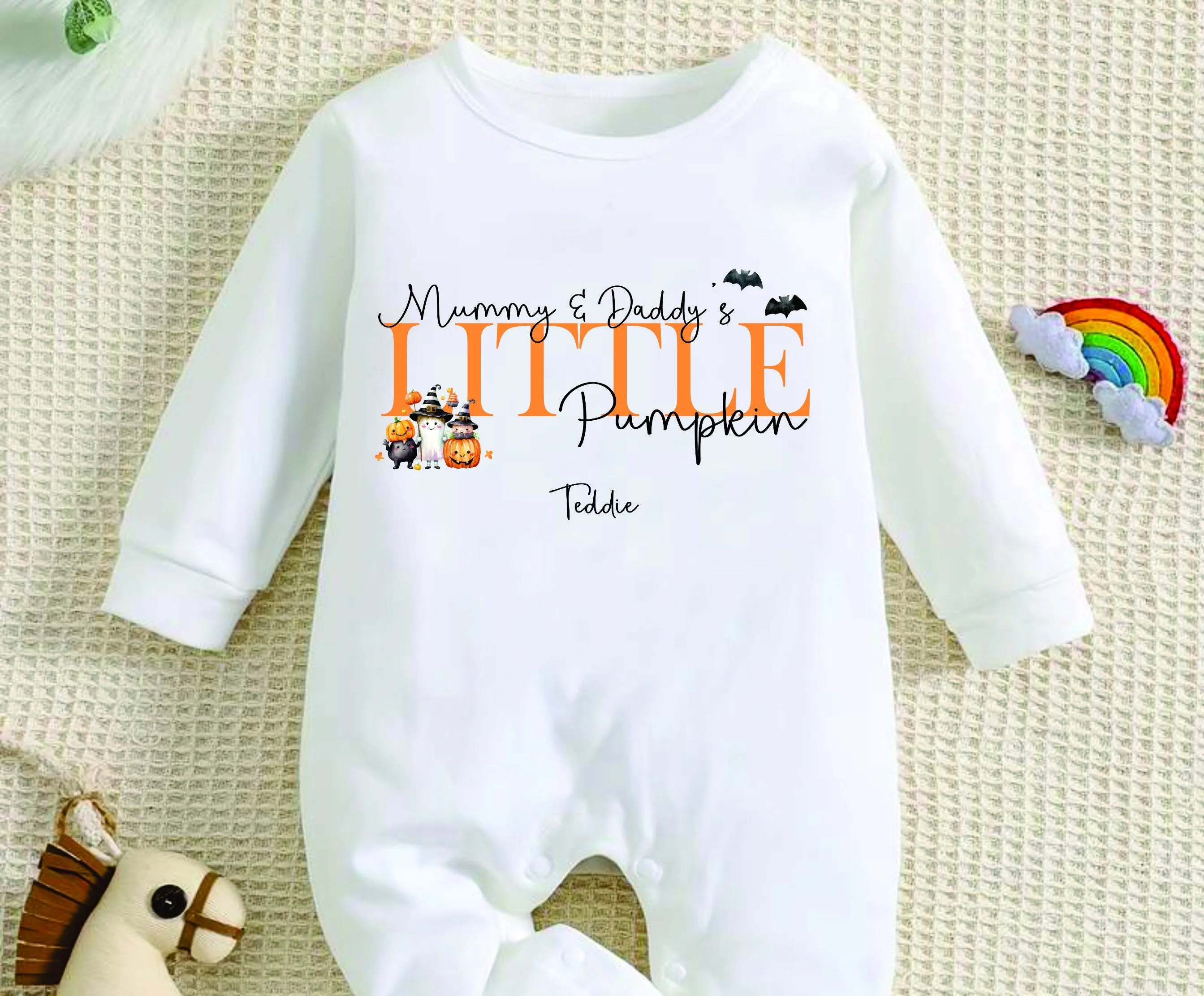 Personalised Mummy &amp; Daddy's Little Pumpkin Baby Outfit, Baby Halloween Costume Gift Personalised First Halloween Sleepsuit or Vest