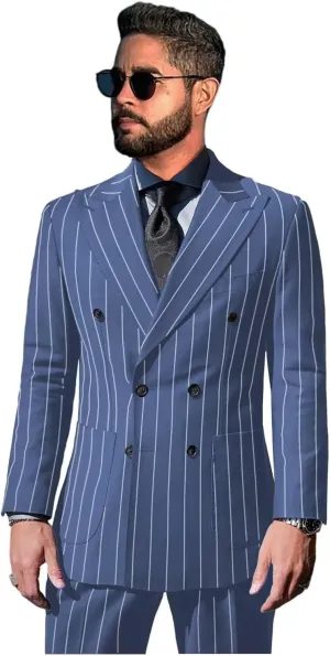 Pinstripe Suits for Men Double Breasted Tuxedo Regular Fit 2 Piece Blazer Pants Peak Lapel Suit Set for Wedding Prom