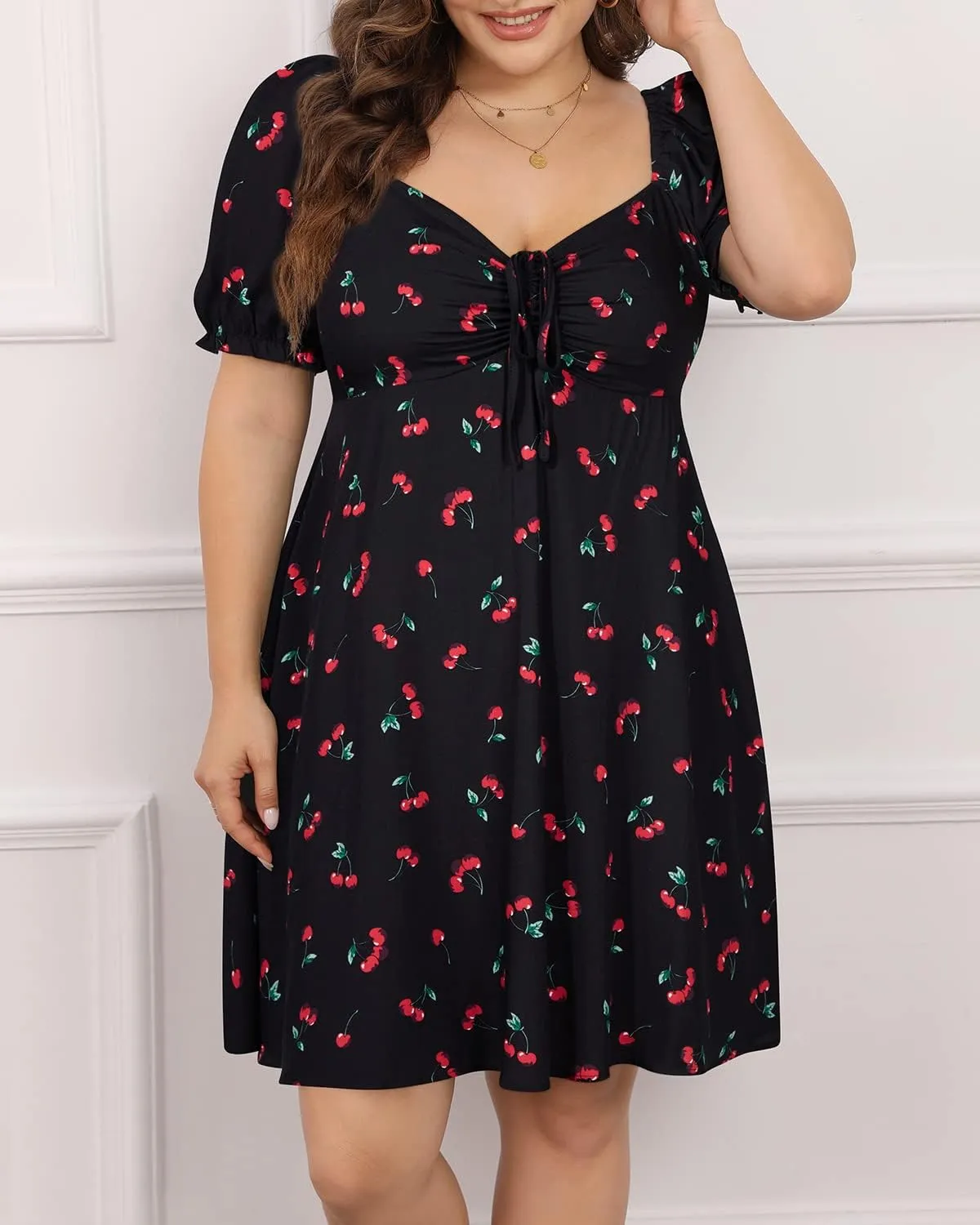 Pinup Fashion Women Plus Size Casual Puff Sleeve Smocked Short Summer Sundress A Line Babydoll Cute Mini Dresses