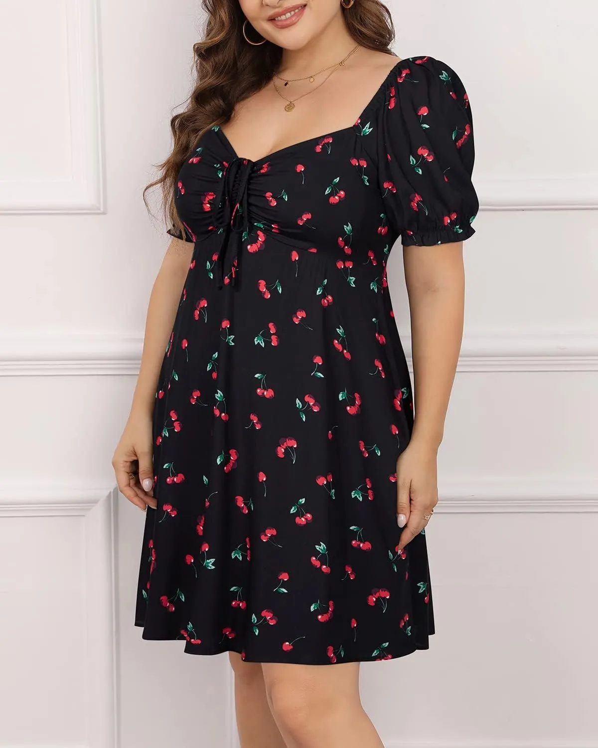 Pinup Fashion Women Plus Size Casual Puff Sleeve Smocked Short Summer Sundress A Line Babydoll Cute Mini Dresses