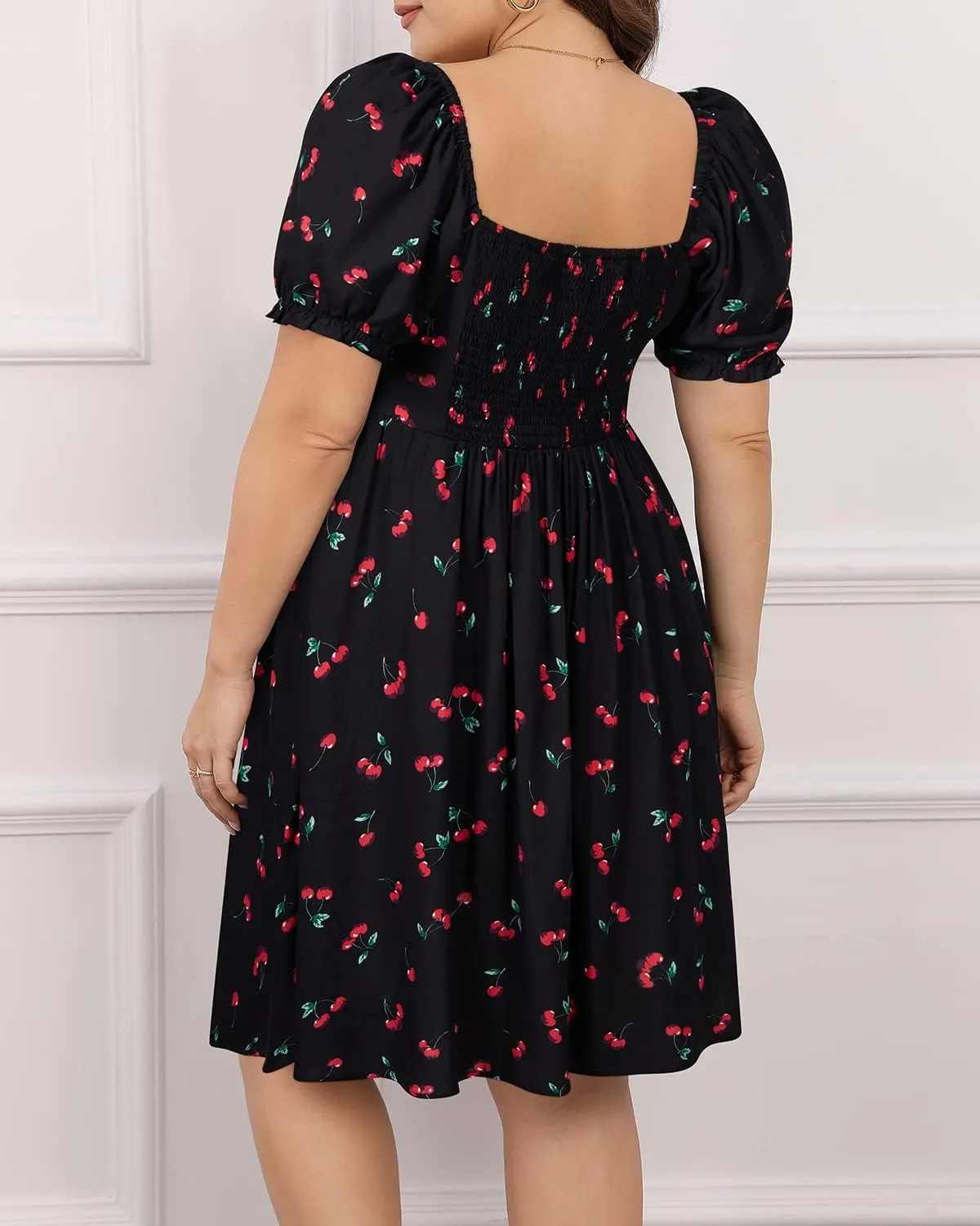 Pinup Fashion Women Plus Size Casual Puff Sleeve Smocked Short Summer Sundress A Line Babydoll Cute Mini Dresses