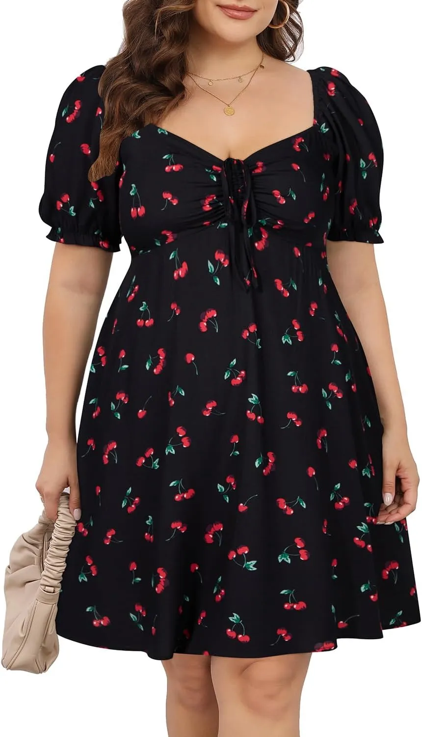 Pinup Fashion Women Plus Size Casual Puff Sleeve Smocked Short Summer Sundress A Line Babydoll Cute Mini Dresses