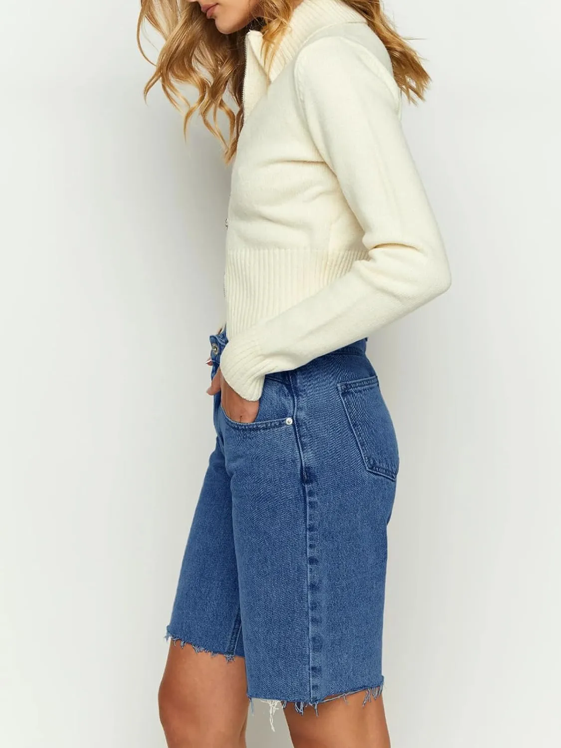 PLNOTME Women's Crossover Denim Shorts Summer Asymmetrical High Waisted Straight Leg Jean Shorts