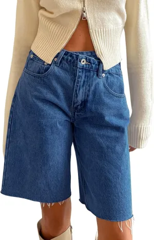 PLNOTME Women's Crossover Denim Shorts Summer Asymmetrical High Waisted Straight Leg Jean Shorts