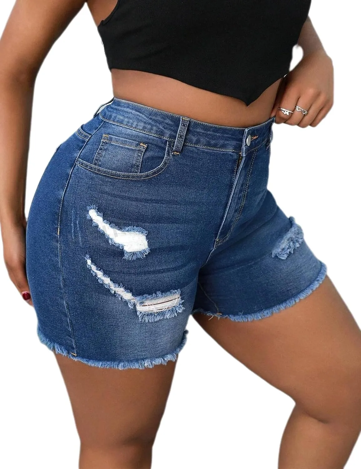 Plus Size Denim Shorts Women High Waisted Ripped Folded Hem Jean Shorts