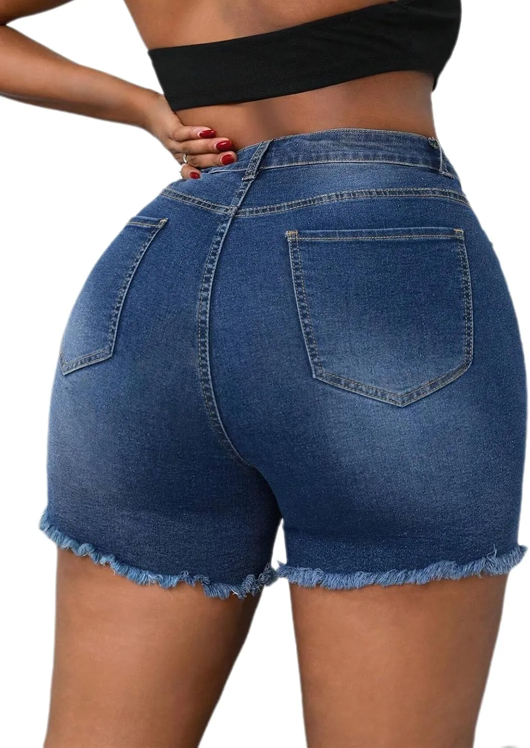Plus Size Denim Shorts Women High Waisted Ripped Folded Hem Jean Shorts