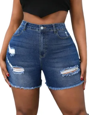 Plus Size Denim Shorts Women High Waisted Ripped Folded Hem Jean Shorts