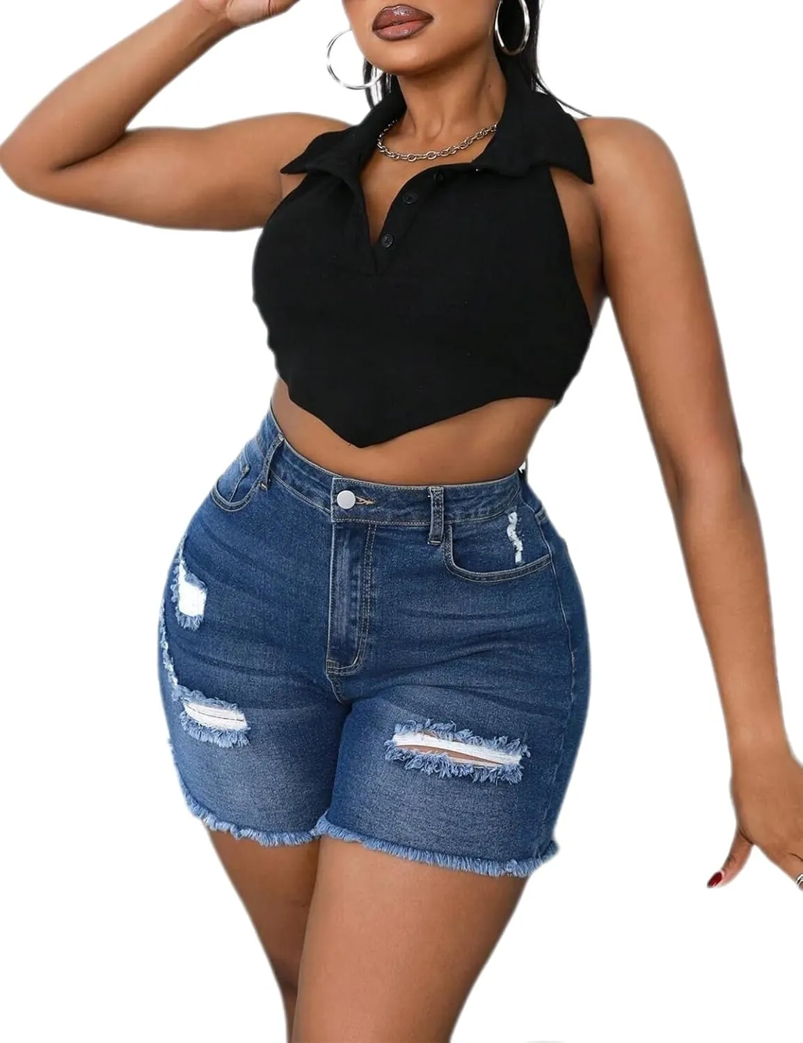 Plus Size Denim Shorts Women High Waisted Ripped Folded Hem Jean Shorts