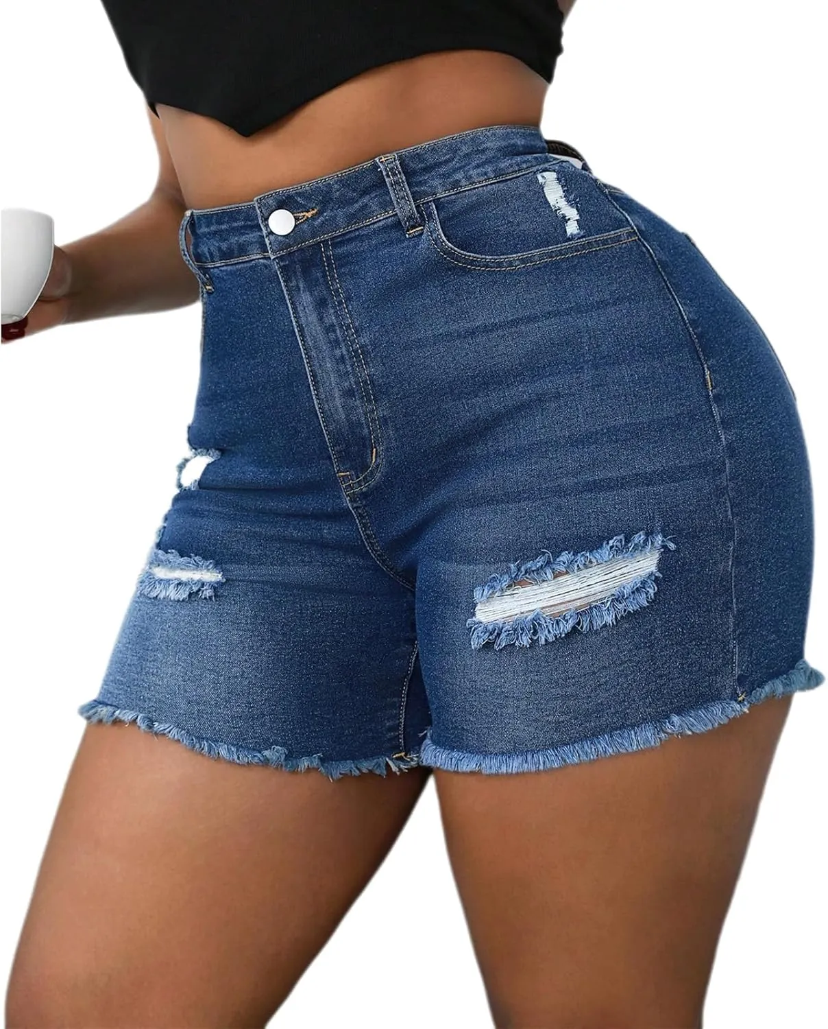 Plus Size Denim Shorts Women High Waisted Ripped Folded Hem Jean Shorts