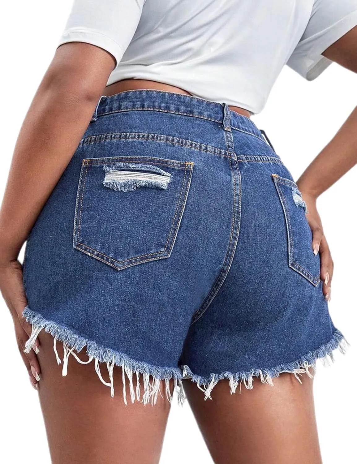 Plus Size Denim Shorts Women High Waisted Ripped Folded Hem Jean Shorts