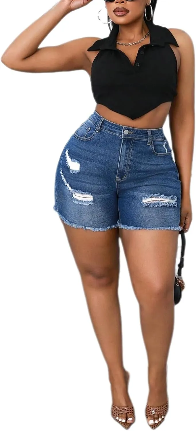 Plus Size Denim Shorts Women High Waisted Ripped Folded Hem Jean Shorts