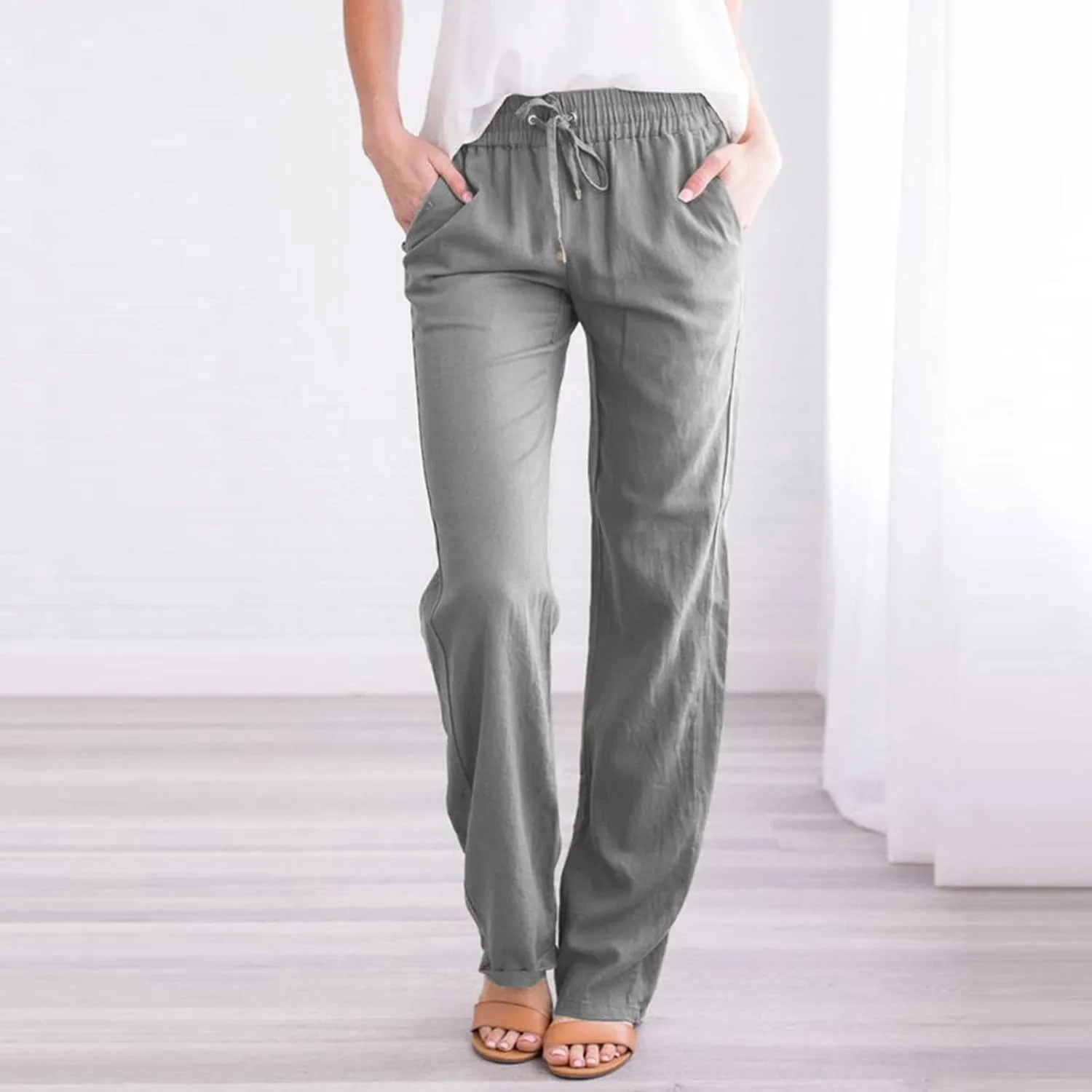 Plus Size Summer Pants Women Linen Drawstring Elastic Waisted Cotton Trousers Casual Trendy Beach Bottoms 2025
