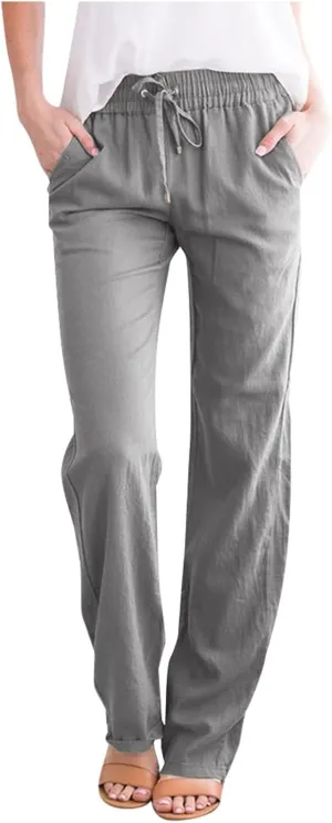 Plus Size Summer Pants Women Linen Drawstring Elastic Waisted Cotton Trousers Casual Trendy Beach Bottoms 2025