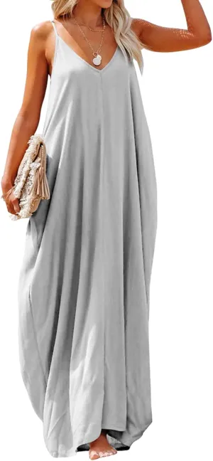 Poetsky Womens Casual Strappy V Neck Sleeveless Flowy Pockets Loose Long Maxi Beach Dress Sundress