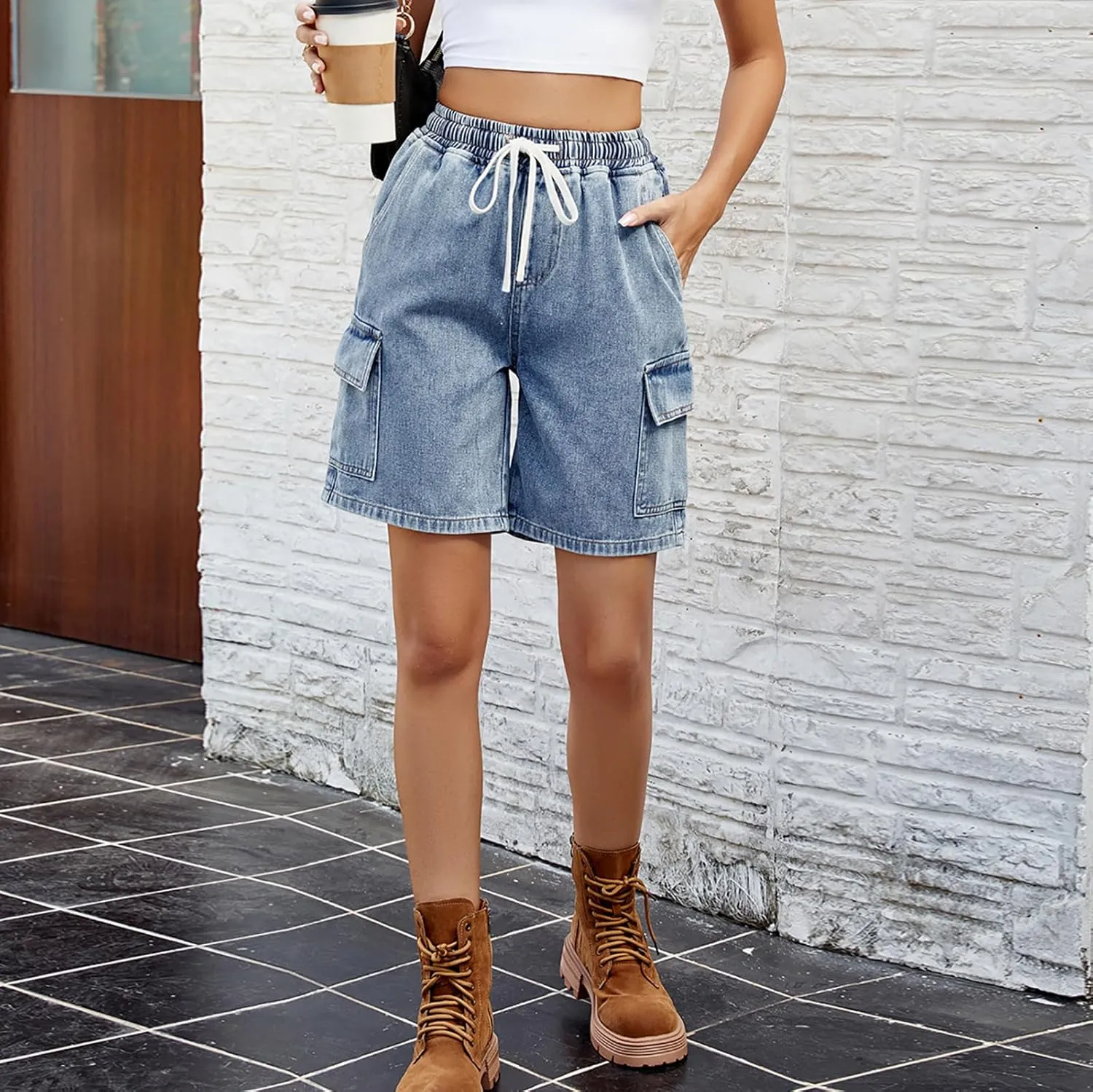 POHADON Womens Jean Shorts Bermuda Shorts Knee Length 2025 Trendy Y2k High Waisted Wide Leg Casual Summer Shorts with Pockets