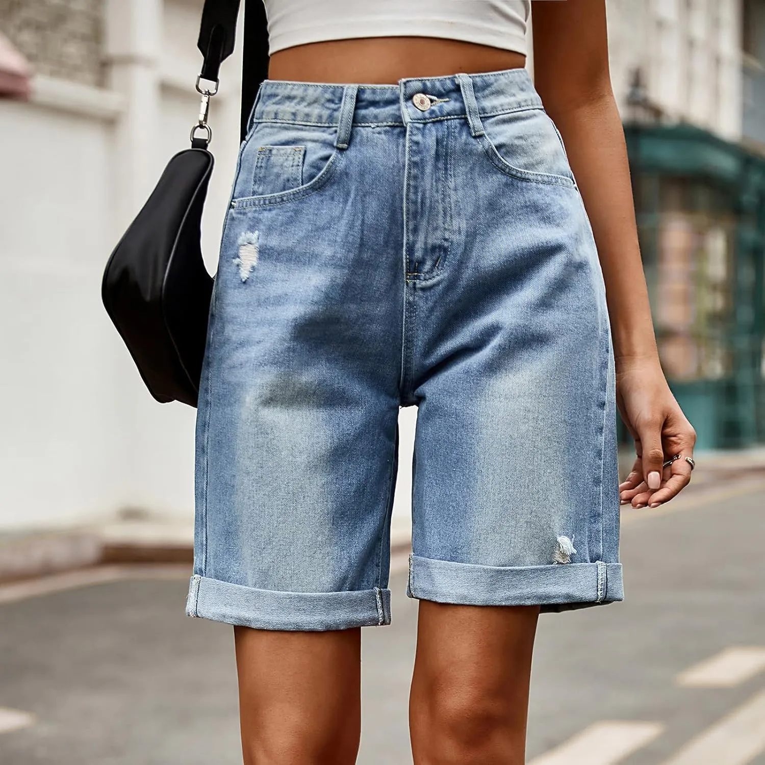 POHADON Womens Jean Shorts Bermuda Shorts Knee Length 2025 Trendy Y2k High Waisted Wide Leg Casual Summer Shorts with Pockets