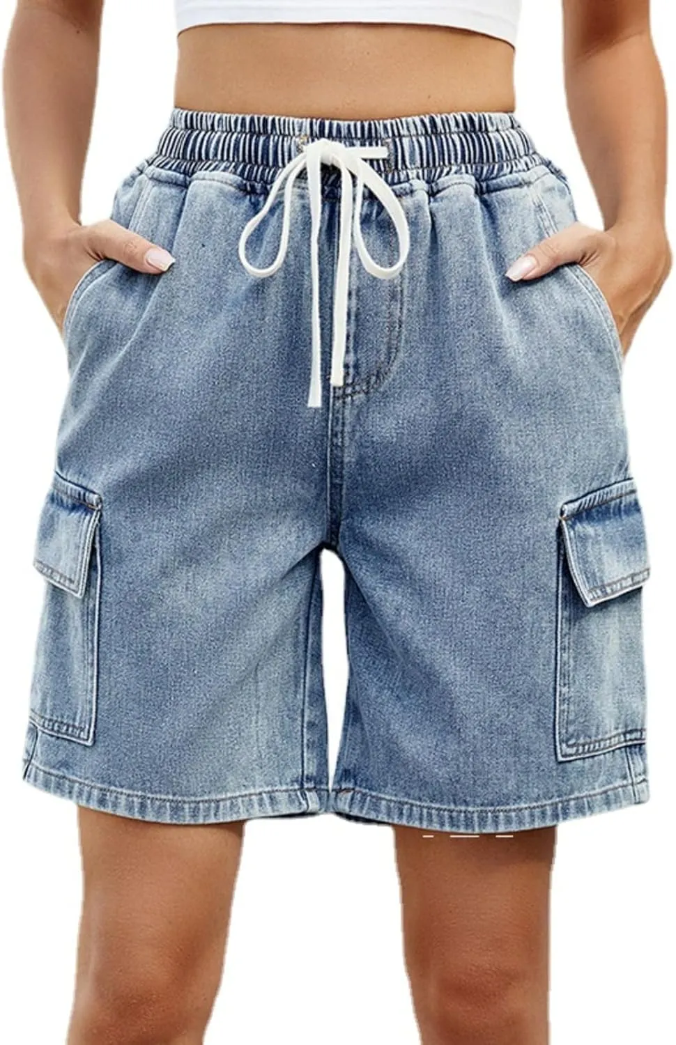 POHADON Womens Jean Shorts Bermuda Shorts Knee Length 2025 Trendy Y2k High Waisted Wide Leg Casual Summer Shorts with Pockets