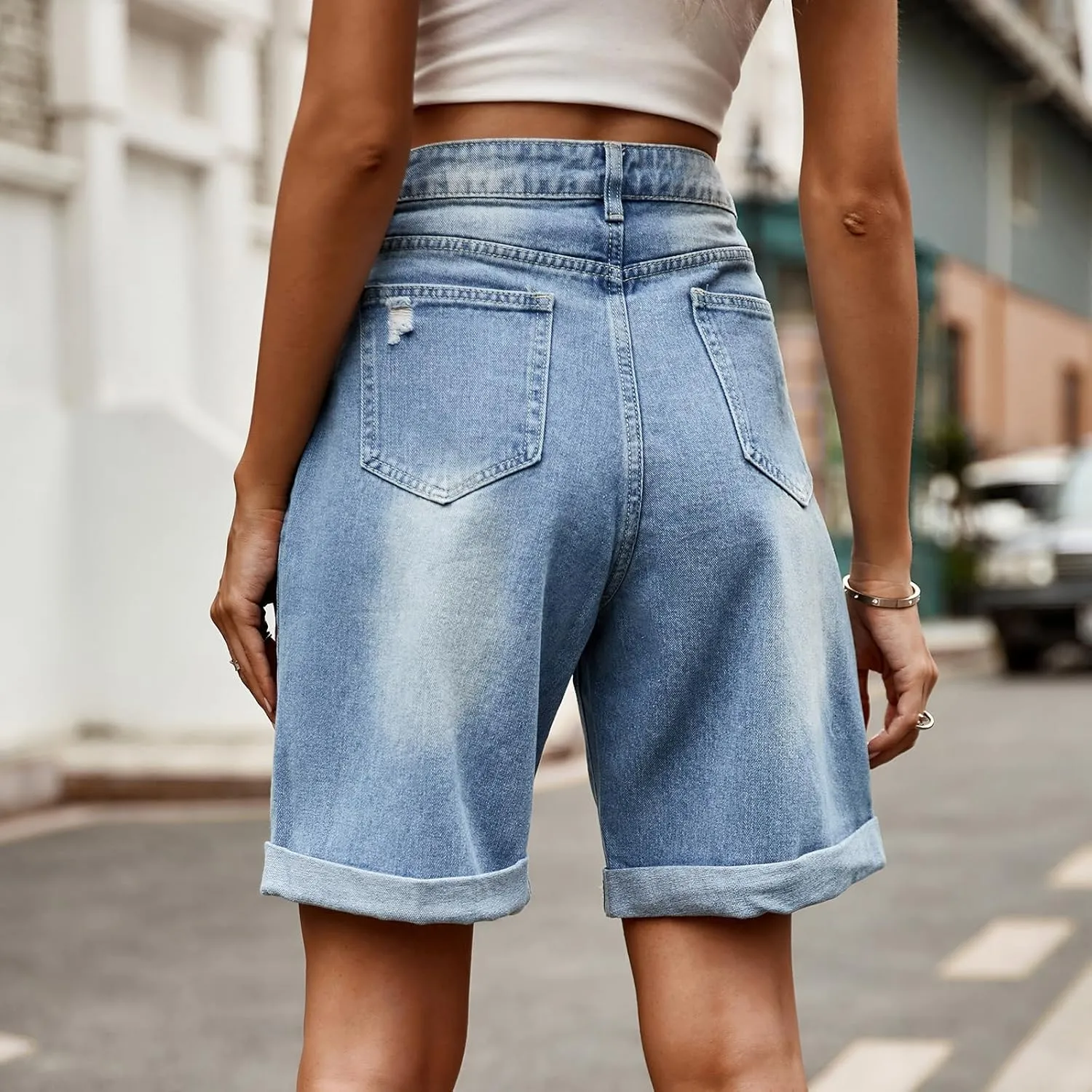 POHADON Womens Jean Shorts Bermuda Shorts Knee Length 2025 Trendy Y2k High Waisted Wide Leg Casual Summer Shorts with Pockets