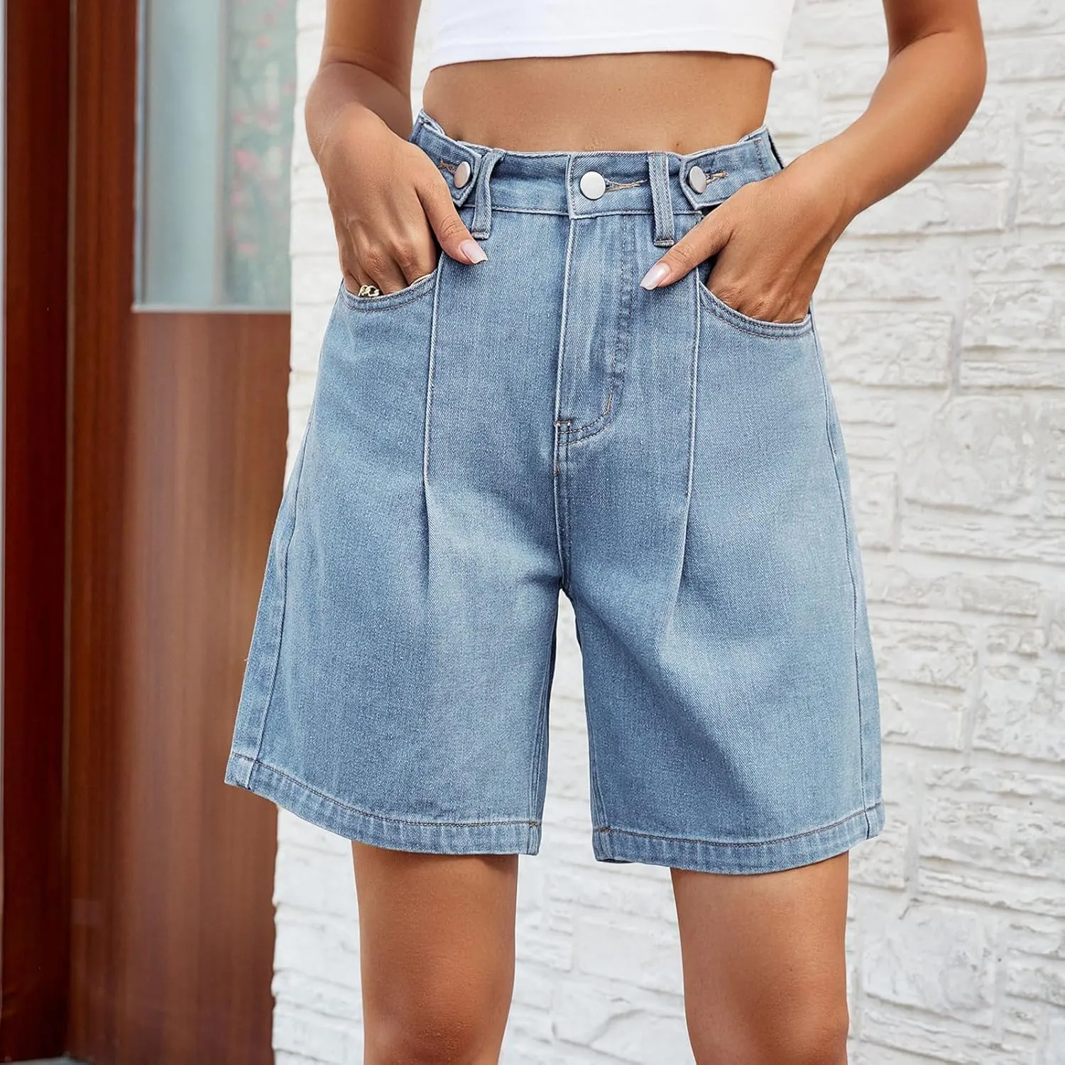 POHADON Womens Jean Shorts Bermuda Shorts Knee Length 2025 Trendy Y2k High Waisted Wide Leg Casual Summer Shorts with Pockets