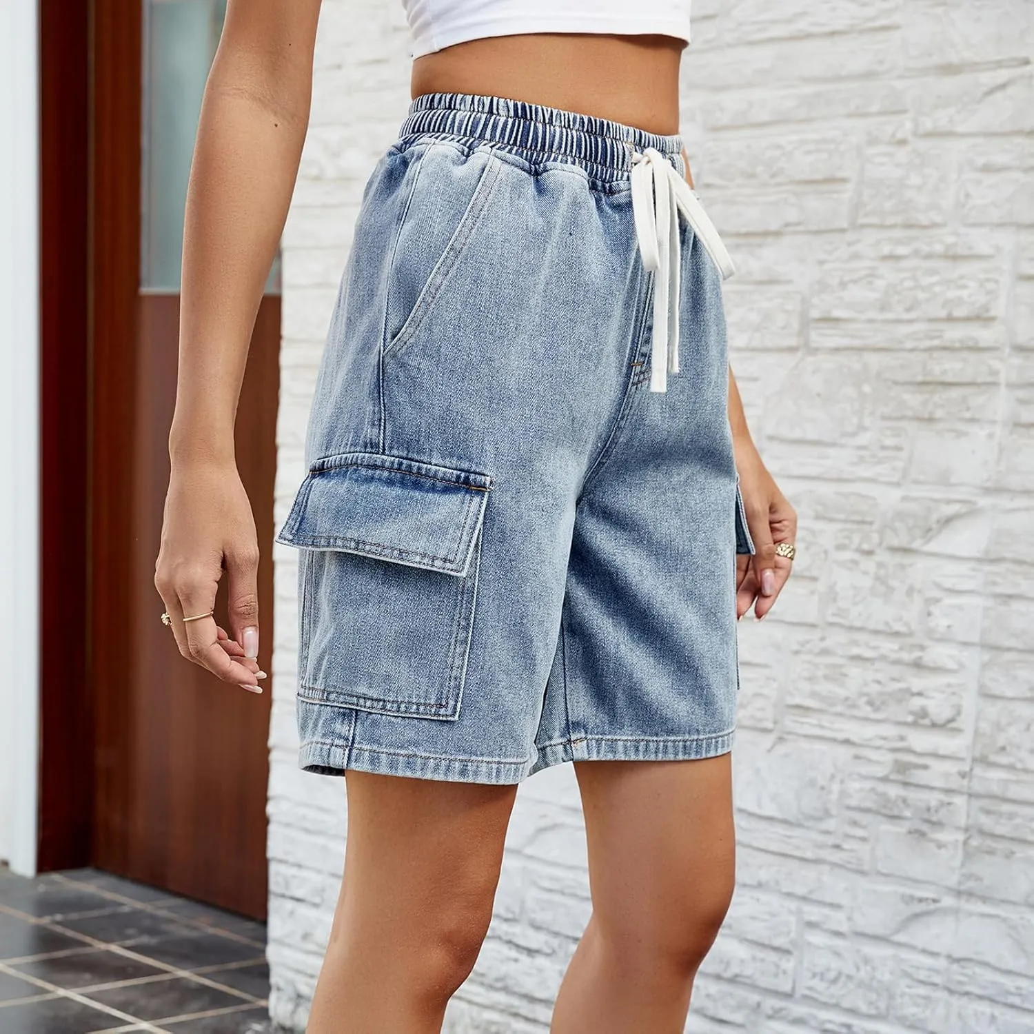POHADON Womens Jean Shorts Bermuda Shorts Knee Length 2025 Trendy Y2k High Waisted Wide Leg Casual Summer Shorts with Pockets