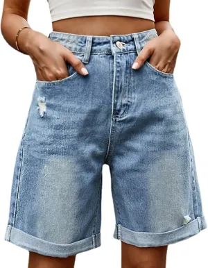 POHADON Womens Jean Shorts Bermuda Shorts Knee Length 2025 Trendy Y2k High Waisted Wide Leg Casual Summer Shorts with Pockets