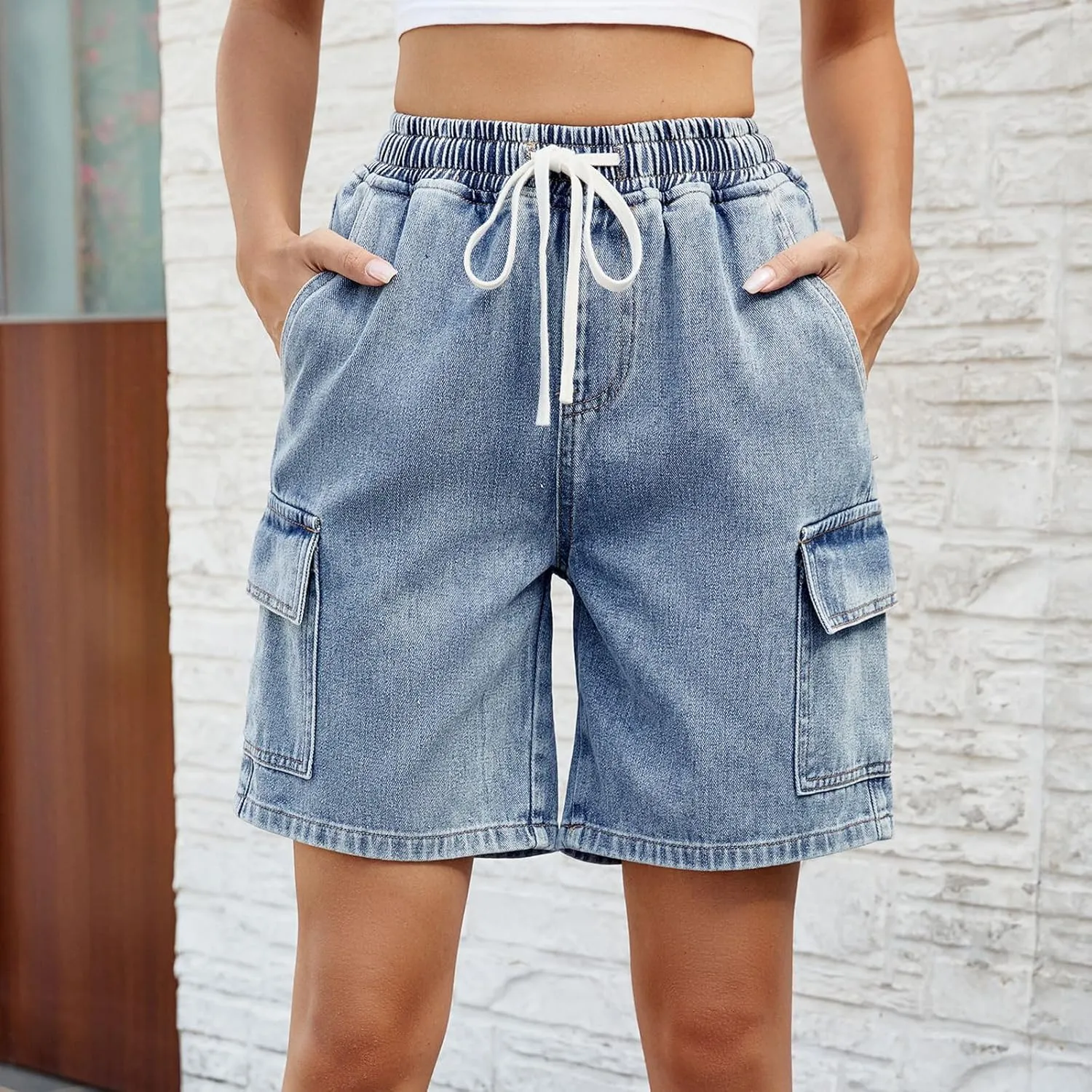 POHADON Womens Jean Shorts Bermuda Shorts Knee Length 2025 Trendy Y2k High Waisted Wide Leg Casual Summer Shorts with Pockets