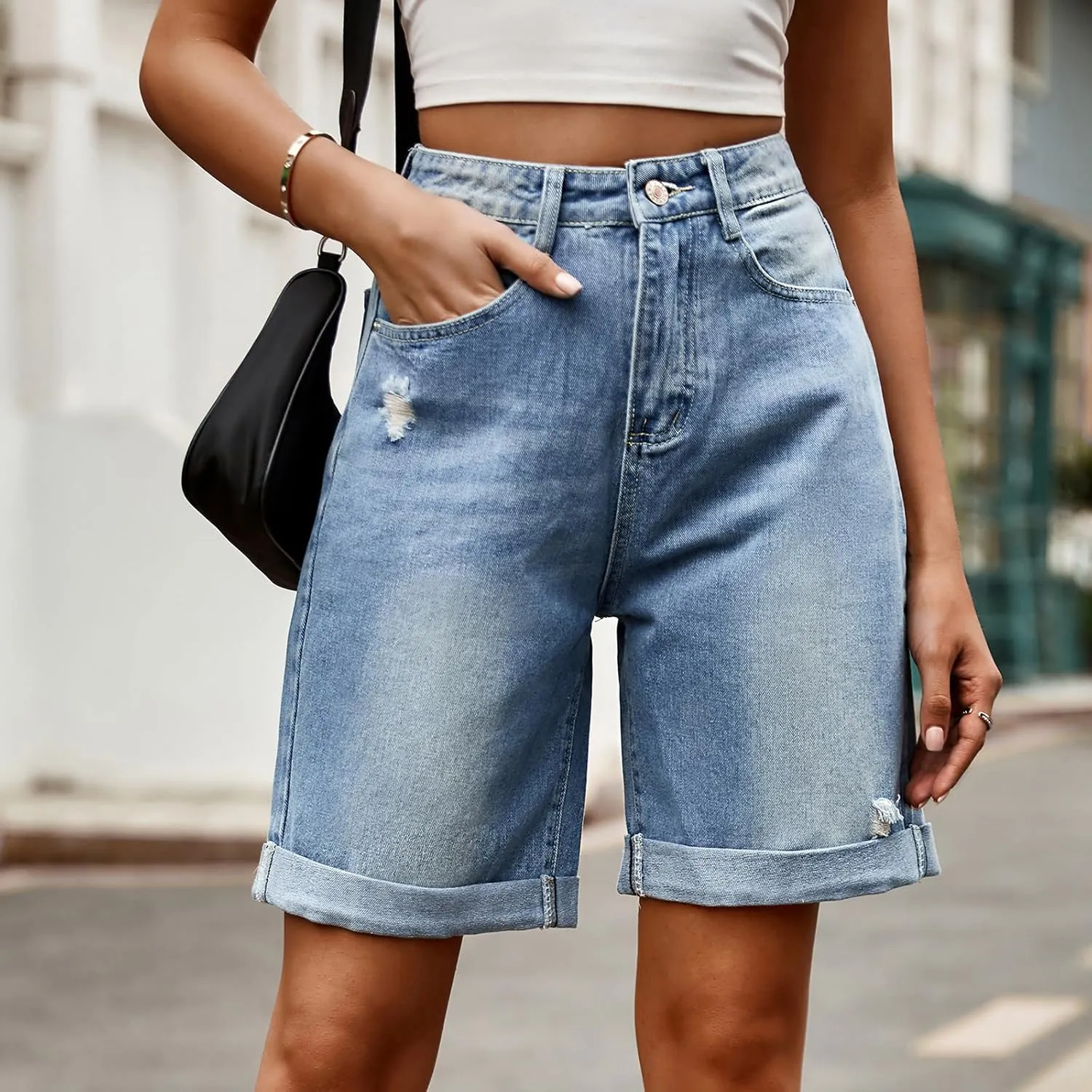 POHADON Womens Jean Shorts Bermuda Shorts Knee Length 2025 Trendy Y2k High Waisted Wide Leg Casual Summer Shorts with Pockets