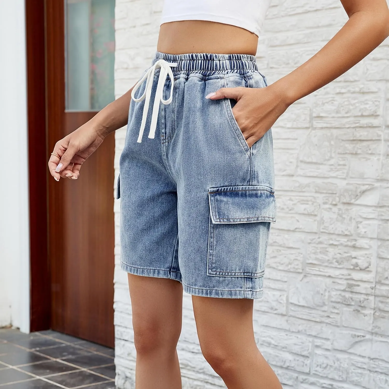 POHADON Womens Jean Shorts Bermuda Shorts Knee Length 2025 Trendy Y2k High Waisted Wide Leg Casual Summer Shorts with Pockets
