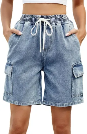 POHADON Womens Jean Shorts Bermuda Shorts Knee Length 2025 Trendy Y2k High Waisted Wide Leg Casual Summer Shorts with Pockets