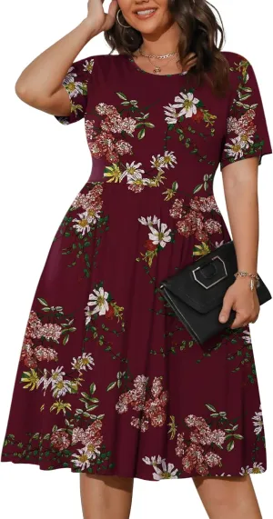 POSESHE Womens Plus Size Summer Dress 2025 Casual Short Sleeve Empire Waist Loose Fit Swing T-Shirt Dress with Pockets