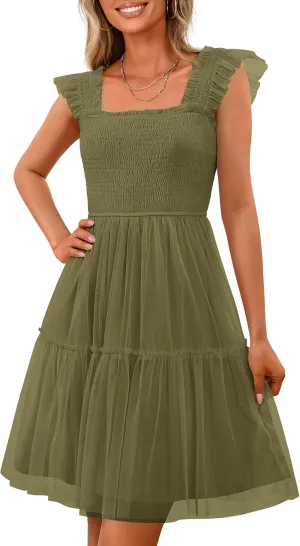 PRETTYGARDEN Womens 2025 Casual Mini Summer Dresses Sleeveless Tulle Ruffle Square Neck Tiered Smocked Wedding Guest Dress