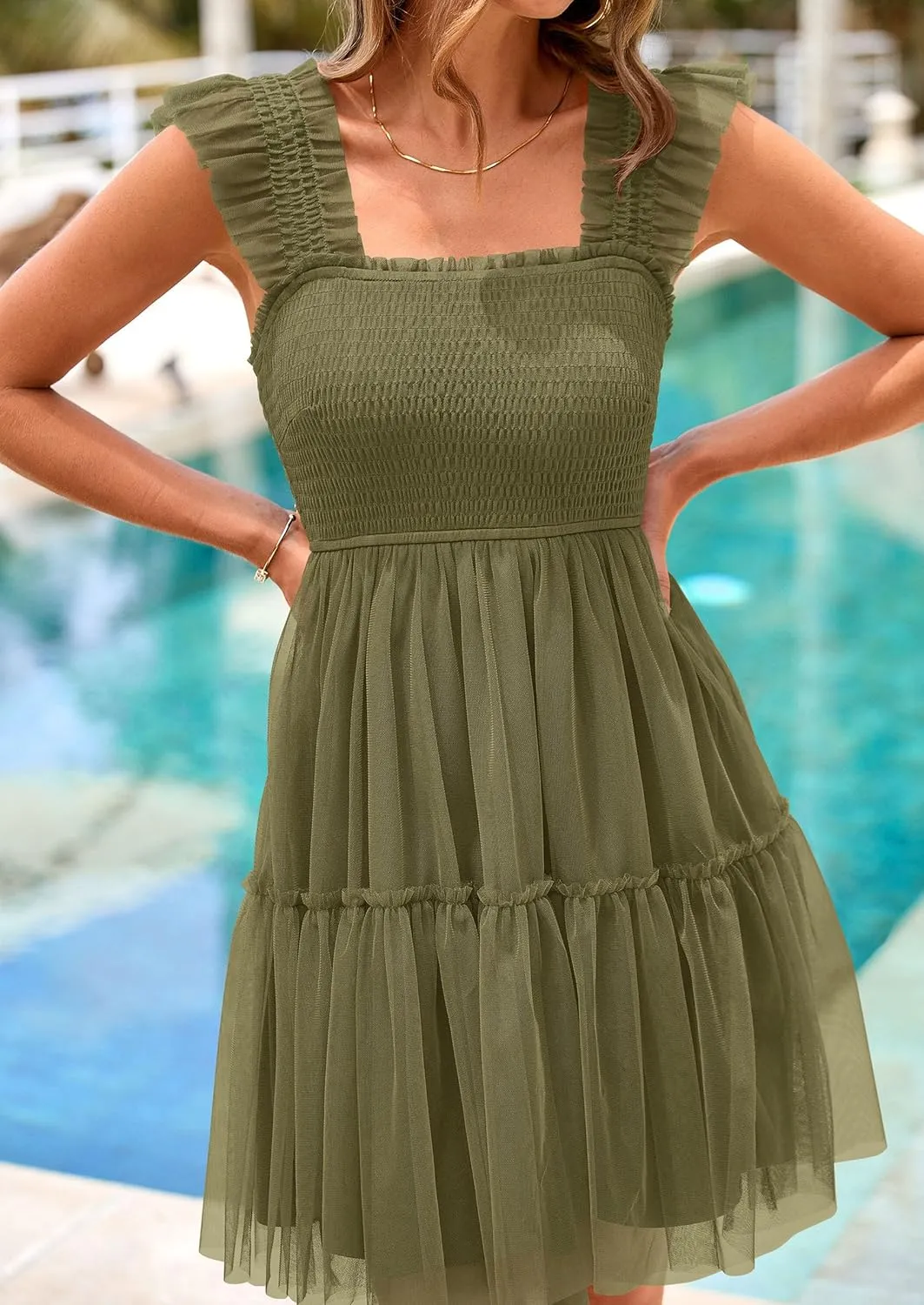 PRETTYGARDEN Womens 2025 Casual Mini Summer Dresses Sleeveless Tulle Ruffle Square Neck Tiered Smocked Wedding Guest Dress