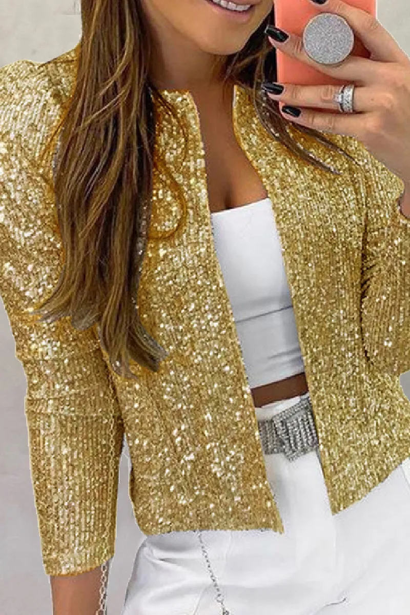 Purpdrank - Black Casual Patchwork Sequins Cardigan O Neck Outerwear