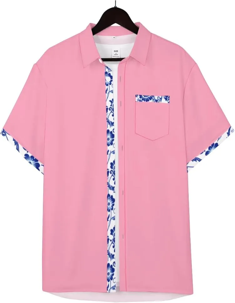 QIVICIMA Men's Hawaiian Shirt Linen Short Sleeve White Pink Sky Blue Button Down Shirt Casual Print Shirts