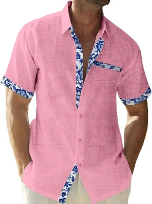 QIVICIMA Men's Hawaiian Shirt Linen Short Sleeve White Pink Sky Blue Button Down Shirt Casual Print Shirts