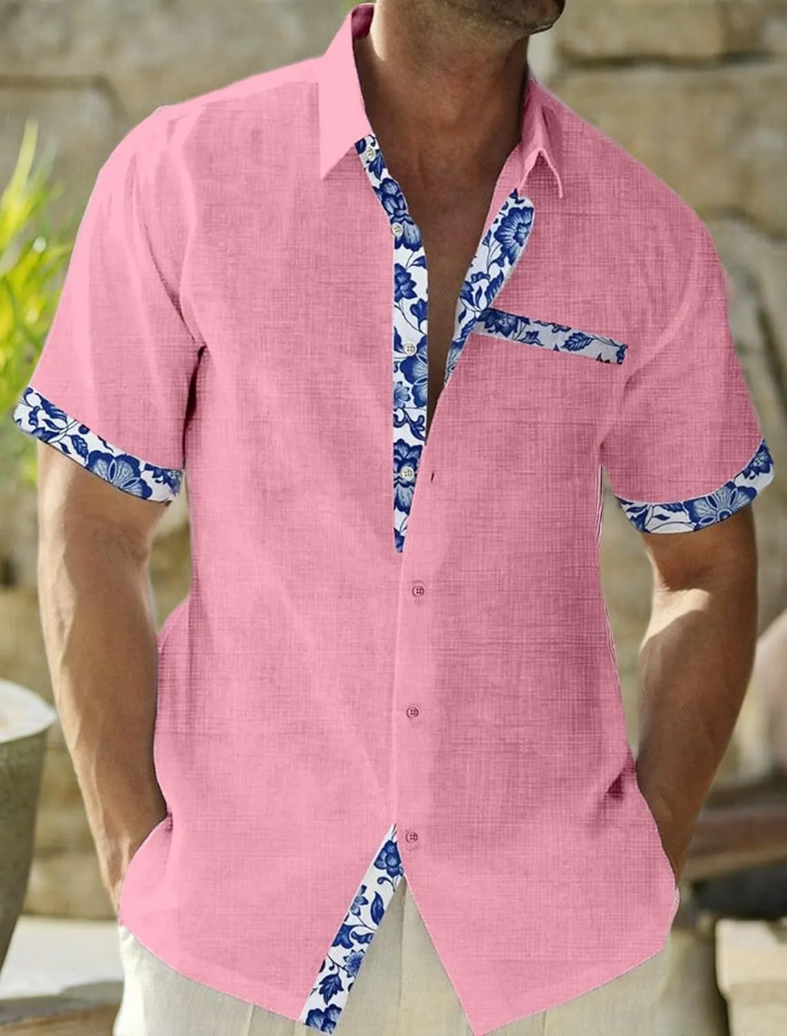 QIVICIMA Men's Hawaiian Shirt Linen Short Sleeve White Pink Sky Blue Button Down Shirt Casual Print Shirts